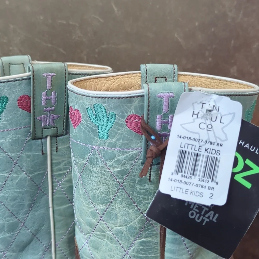 TIN HAUL I<3 Cactus🌵 cowgirl boots brown/lake green/pink sz 2 little girl NWT